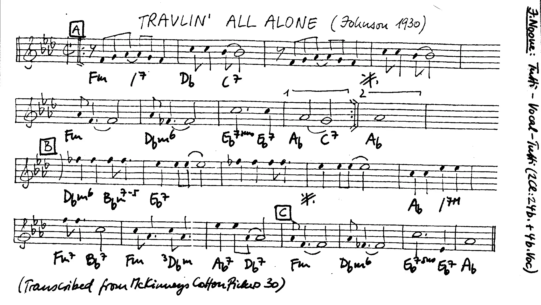 trav'lin all alone free jazz leadsheet - Courtesy of the Jungle Jazz Band